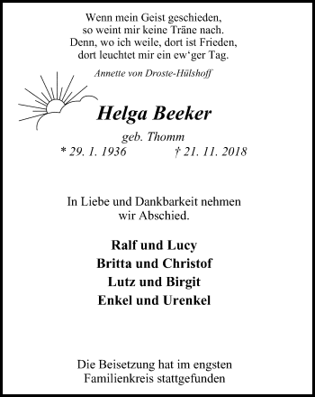 Traueranzeige von Helga Beeker von Wochen-Anzeiger Oberhausen