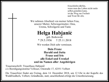 Traueranzeige von Helga Habjanic von Stadtanzeiger Velbert + Heiligenhaus