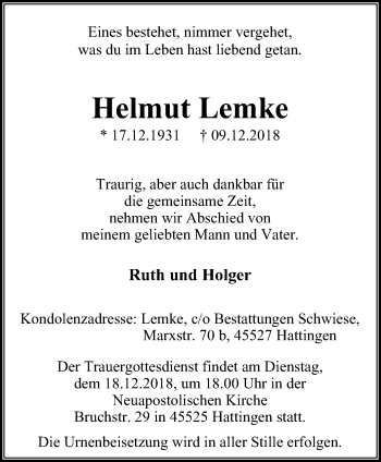 Traueranzeige von Helmut Lemke von Stadtspiegel Hattingen/Niedersprockhövel