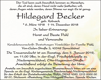 Traueranzeige von Hildegard Becker von Stadtspiegel Hattingen/Niedersprockhövel