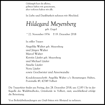 Traueranzeige von Hildegard Meyersberg von Stadtanzeiger Velbert + Heiligenhaus