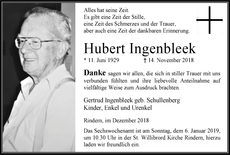  Traueranzeige für Hubert Ingenbleek vom 28.12.2018 aus Klever Wochenblatt