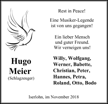 Traueranzeige von Hugo Meier von Stadtspiegel Iserlohn + Hemer