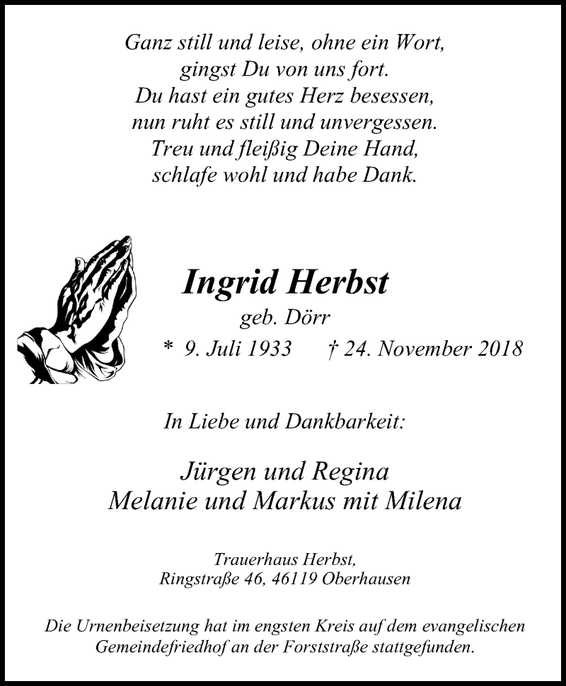  Traueranzeige für Ingrid Herbst vom 12.12.2018 aus Wochen-Anzeiger Oberhausen