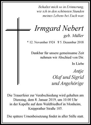 Traueranzeige von Irmgard Nebert von Wochen-Anzeiger Langenfeld/Monheim/Hilden