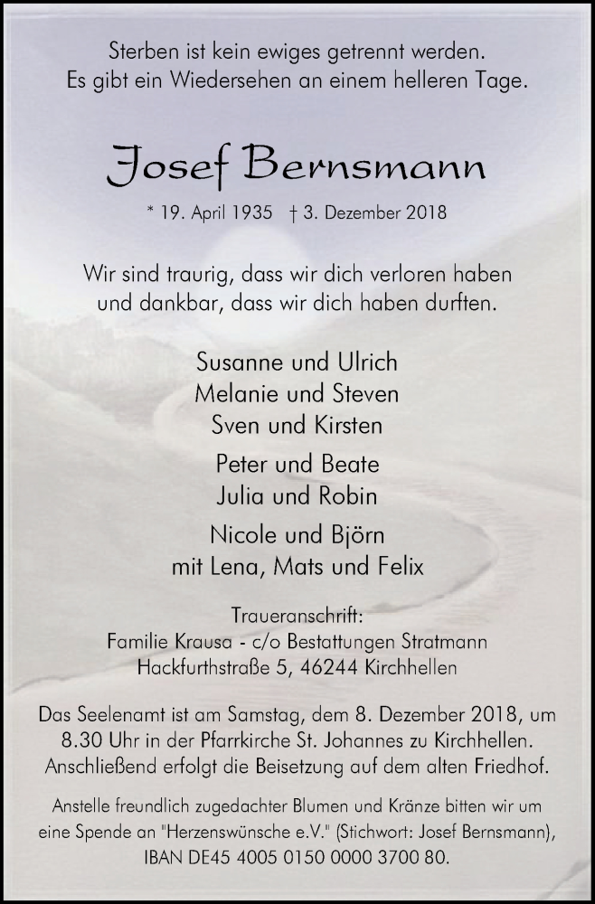  Traueranzeige für Josef Bernsmann vom 05.12.2018 aus Stadtspiegel Bottrop