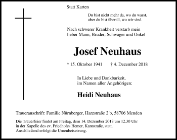 Traueranzeige von Josef Neuhaus von Stadtspiegel Iserlohn + Hemer