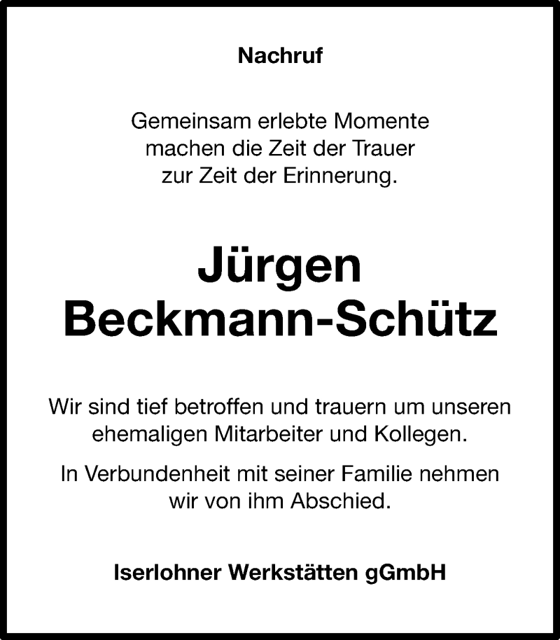  Traueranzeige für Jürgen Beckmann-Schütz vom 15.12.2018 aus Stadtspiegel Menden + Froendenberg