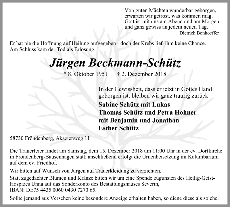  Traueranzeige für Jürgen Beckmann-Schütz vom 08.12.2018 aus Stadtspiegel Menden + Froendenberg