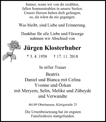 Traueranzeige von Jürgen Klosterhuber von Wochen-Anzeiger Oberhausen