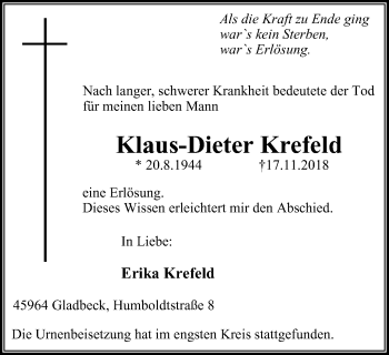 Traueranzeige von Klaus-Dieter Krefeld von Stadtspiegel Gladbeck