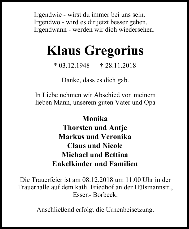  Traueranzeige für Klaus Gregorius vom 05.12.2018 aus Borbeck Kurier