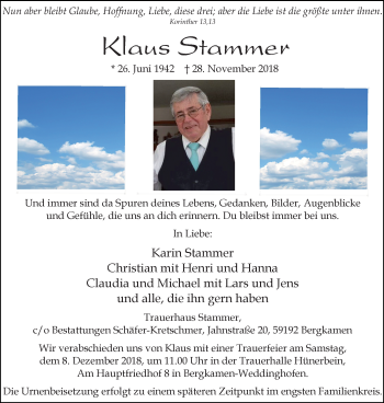 Traueranzeige von Klaus Stammer von Stadtspiegel Kamen + Unna