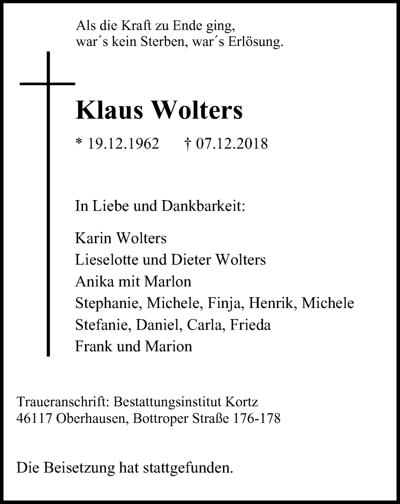  Traueranzeige für Klaus Wolters vom 15.12.2018 aus Wochen-Anzeiger Oberhausen