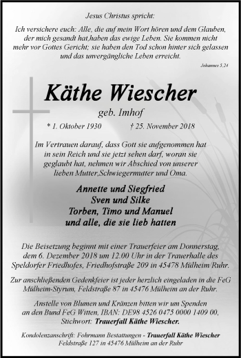 Traueranzeige von Käthe Wiescher von Mülheimer Woche