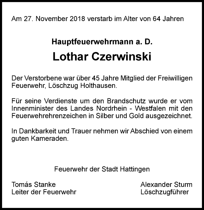  Traueranzeige für Lothar Czerwinski vom 12.12.2018 aus Stadtspiegel Hattingen/Niedersprockhövel
