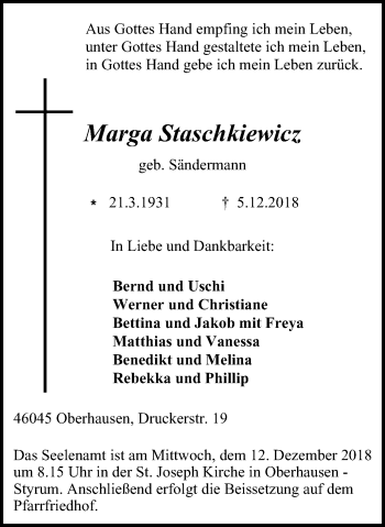 Traueranzeige von Marga Staschkiewicz von Wochen-Anzeiger Oberhausen