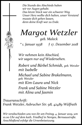 Traueranzeige von Margot Wetzler von Stadtanzeiger Velbert + Heiligenhaus