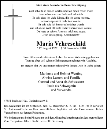 Traueranzeige von Maria Vehreschild von Klever Wochenblatt