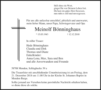Traueranzeige von Meinolf Bönninghaus von Stadtspiegel Menden + Froendenberg