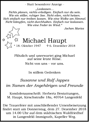 Traueranzeige von Michael Haupt von Wochen-Anzeiger Langenfeld/Monheim/Hilden