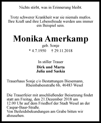 Traueranzeige von Monika Amerkamp von Der Weseler + Der Xantener