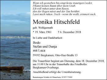 Traueranzeige von Monika Hitschfeld von Stadtspiegel Kamen + Unna
