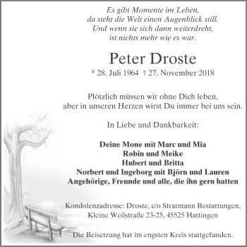 Traueranzeige von Peter Droste von Stadtspiegel Hattingen/Niedersprockhövel