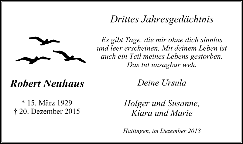 Traueranzeige für Robert Neuhaus vom 19.12.2018 aus Stadtspiegel Hattingen/Niedersprockhövel
