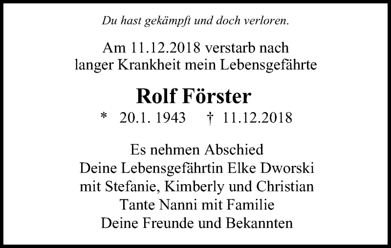  Traueranzeige für Rolf Förster vom 22.12.2018 aus Wochen-Anzeiger Oberhausen