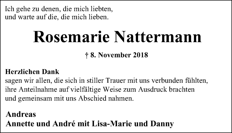  Traueranzeige für Rosemarie Nattermann vom 15.12.2018 aus Wochen-Anzeiger Oberhausen