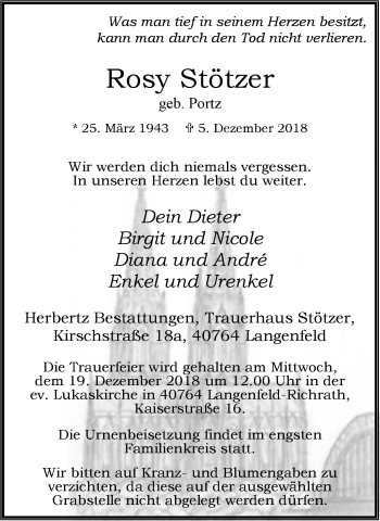 Traueranzeige von Rosy Stötzer von Wochen-Anzeiger Langenfeld/Monheim/Hilden