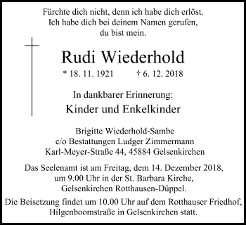 Traueranzeige von Rudi Wiederhold von Stadtspiegel Gelsenkirchen