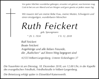 Traueranzeige von Ruth Feickert von Stadtanzeiger Velbert + Heiligenhaus