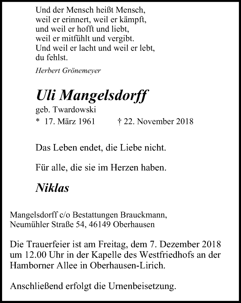  Traueranzeige für Uli Mangelsdorff vom 01.12.2018 aus Wochen-Anzeiger Oberhausen