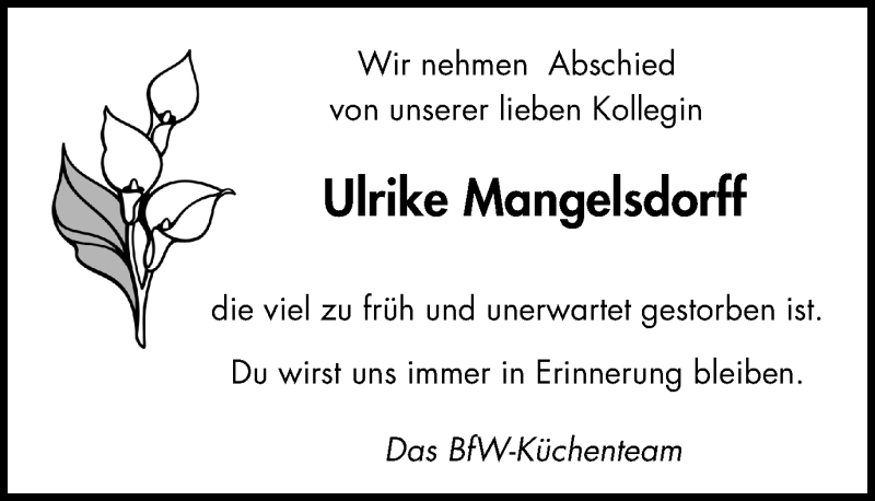  Traueranzeige für Ulrike Mangelsdorff vom 05.12.2018 aus Wochen-Anzeiger Oberhausen