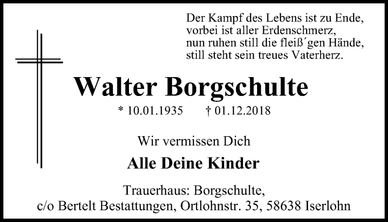  Traueranzeige für Walter Borgschulte vom 12.12.2018 aus Stadtspiegel Iserlohn + Hemer