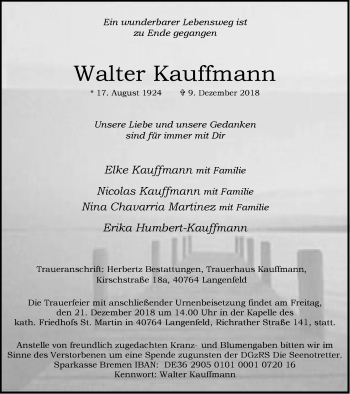 Traueranzeige von Walter Kauffmann von Wochen-Anzeiger Langenfeld/Monheim/Hilden