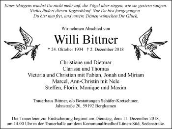 Traueranzeige von Willi Bittner von Lüner Anzeiger