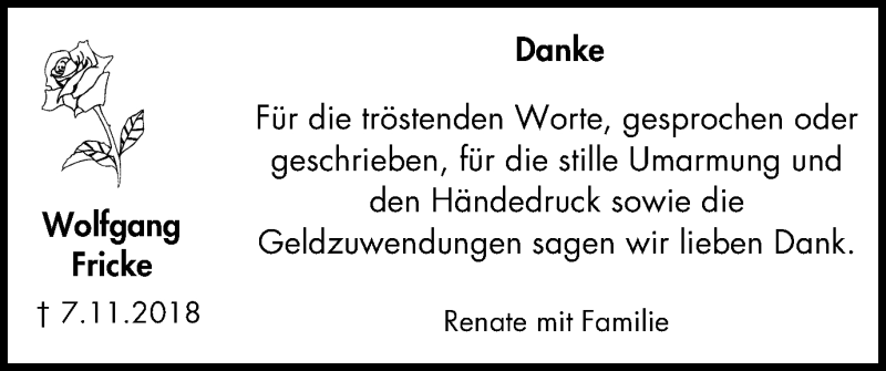  Traueranzeige für Wolfgang Fricke vom 22.12.2018 aus Wochen-Anzeiger Oberhausen
