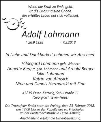 Traueranzeige von Adolf Lohmann von Kettwig Kurier