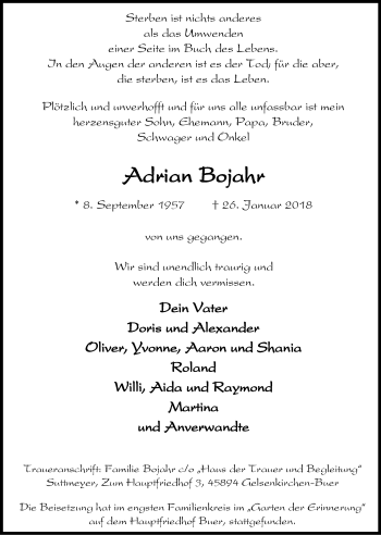 Traueranzeige von Adrian Bojahr von Stadtspiegel Gelsenkirchen