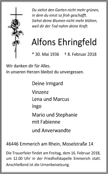 Traueranzeige von Alfons Ehringfeld von Stadtanzeiger Emmerich/Rees/Isselburg