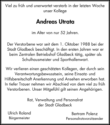 Traueranzeige von Andreas Utrata von Stadtspiegel Gladbeck
