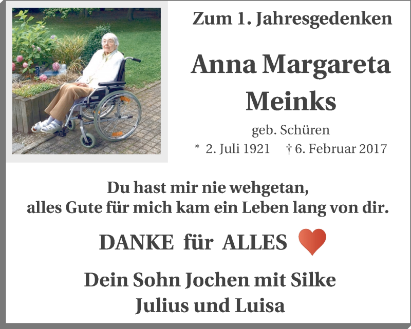  Traueranzeige für Anna Margareta Meinks vom 07.02.2018 aus Lüner Anzeiger