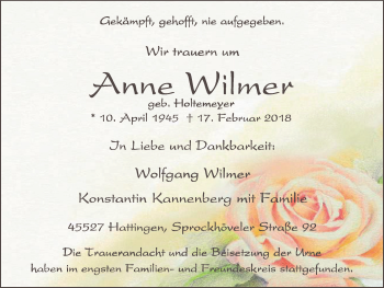 Traueranzeige von Anne Wilmer von Stadtspiegel Hattingen/Niedersprockhövel