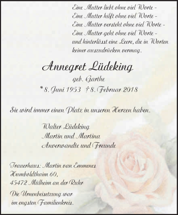 Traueranzeige von Annegret Lüdeking von Mülheimer Woche