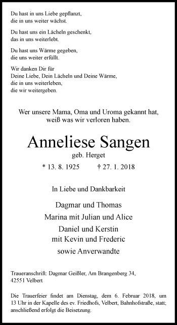 Traueranzeige von Anneliese Sangen von Stadtanzeiger Velbert + Heiligenhaus
