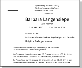 Traueranzeige von Barbara Langensiepe von Stadtanz.Castrop-Rauxel