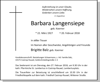 Traueranzeige von Barbara Langensiepe von Stadtanz.Castrop-Rauxel